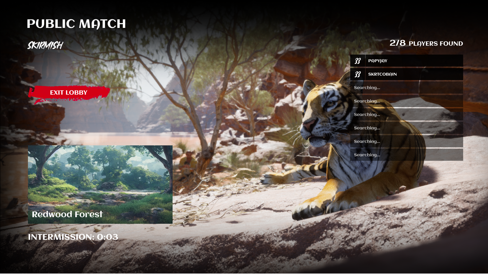 Public match screen showing a player slot list, map preview and intermission timer